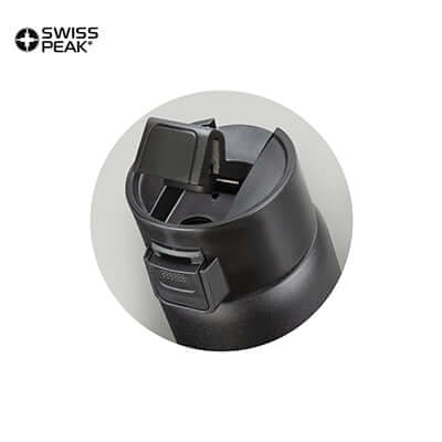 Swiss Peak Stealth Vacuum Mug top view showing secure screw-on lid and push-button closure for easy use.