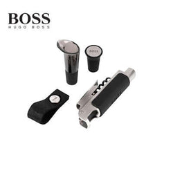 Hugo Boss Wine Set Iconic Black featuring corkscrew, bottle stoppers, and drip ring in elegant design.