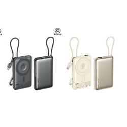 Remax MC-01 Magnetic Wireless Powerbank with Cable and Stand in Modern Grey and Dazzling Gold colors.