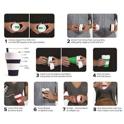 Illustrated Stojo Biggie cup guide showing expansion, sleeve fitting, drinking and collapsing steps