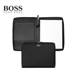 Hugo Boss Conference Folder Zip A4 Herringbone Black with chrome plate and herringbone design.
