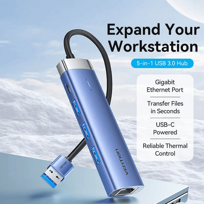 Vention 5-in-1 USB 3.0 Docking Station showcasing gigabit Ethernet and USB-C features.