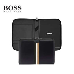 Hugo Boss Conference Folder A5 Iconic Black, stylish black PU folder with logo, ideal corporate gift.