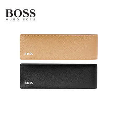 Hugo Boss Double Pen Pouch Classic Grained in black and beige leather with BOSS logo.