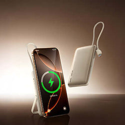 Remax MC-01 Magnetic Wireless Powerbank with Cable and Stand charging a smartphone, featuring a sleek design and foldable stand.