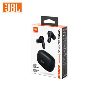 JBL Wave Beam 2 earbuds retail box showing black earbuds and charging case