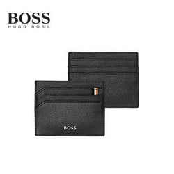 Hugo Boss Card holder Iconic Black featuring textured leather, a currency compartment, and signature branding, ideal as a Corporate Gift.