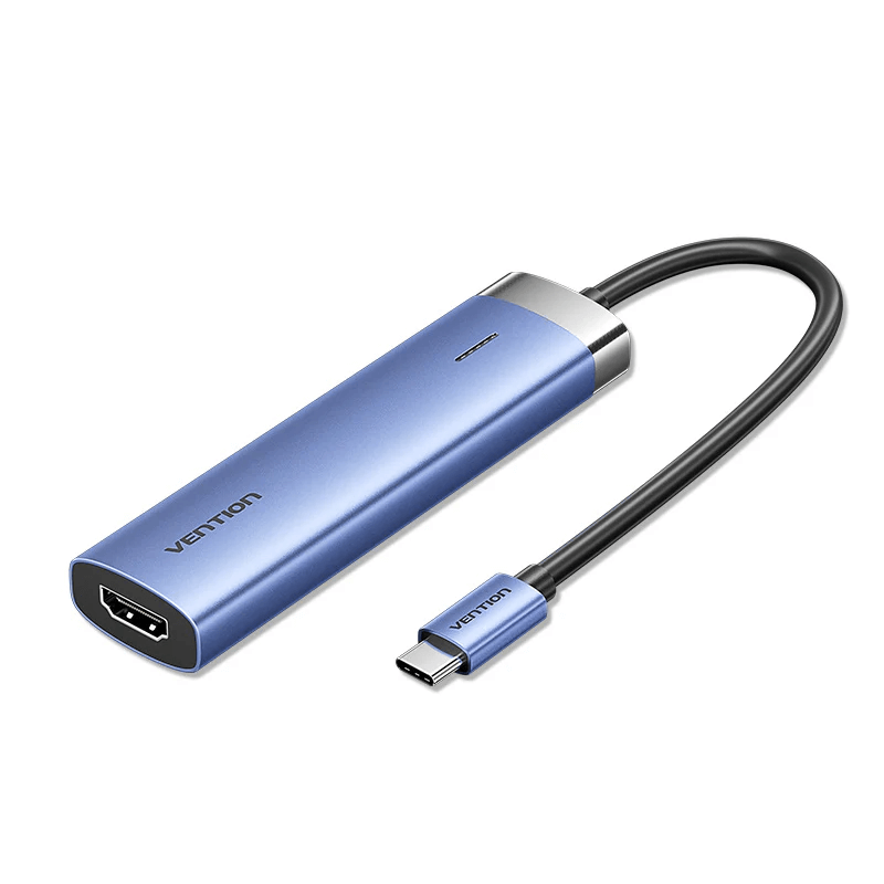 Vention Compact 5-in-1 USB-C Docking Station in blue, featuring HDMI and USB-C connections.