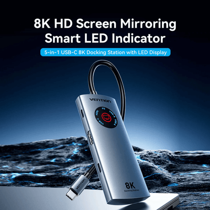 Vention 5-in-1 USB-C 8K Docking Station with LED Display showcasing 8K HD screen mirroring and smart LED indicator.