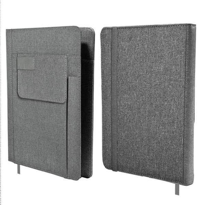 Front and back views of the light grey A5 fabric notebook with front pocket and pen slot.