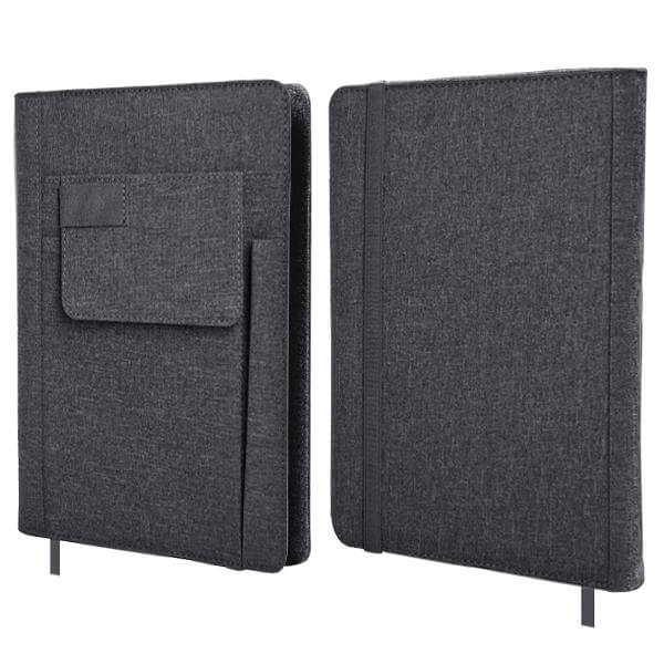 Front and back views of the dark grey fabric A5 notebook showing the front pocket and ribbon bookmark.