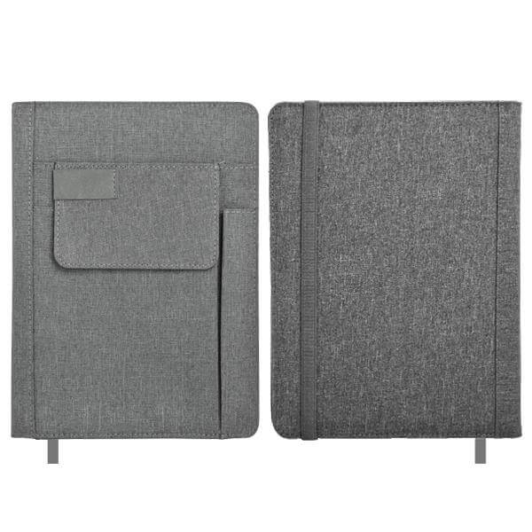 Straight-on front and rear views of the light grey A5 notebook showing fabric texture and exterior pocket.