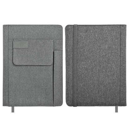 Straight-on front and rear views of the light grey A5 notebook showing fabric texture and exterior pocket.
