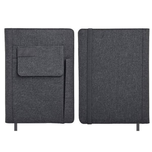 Straight-on front and rear views of the dark grey A5 notebook with exterior pocket.