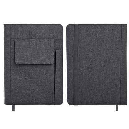 Straight-on front and rear views of the dark grey A5 notebook with exterior pocket.
