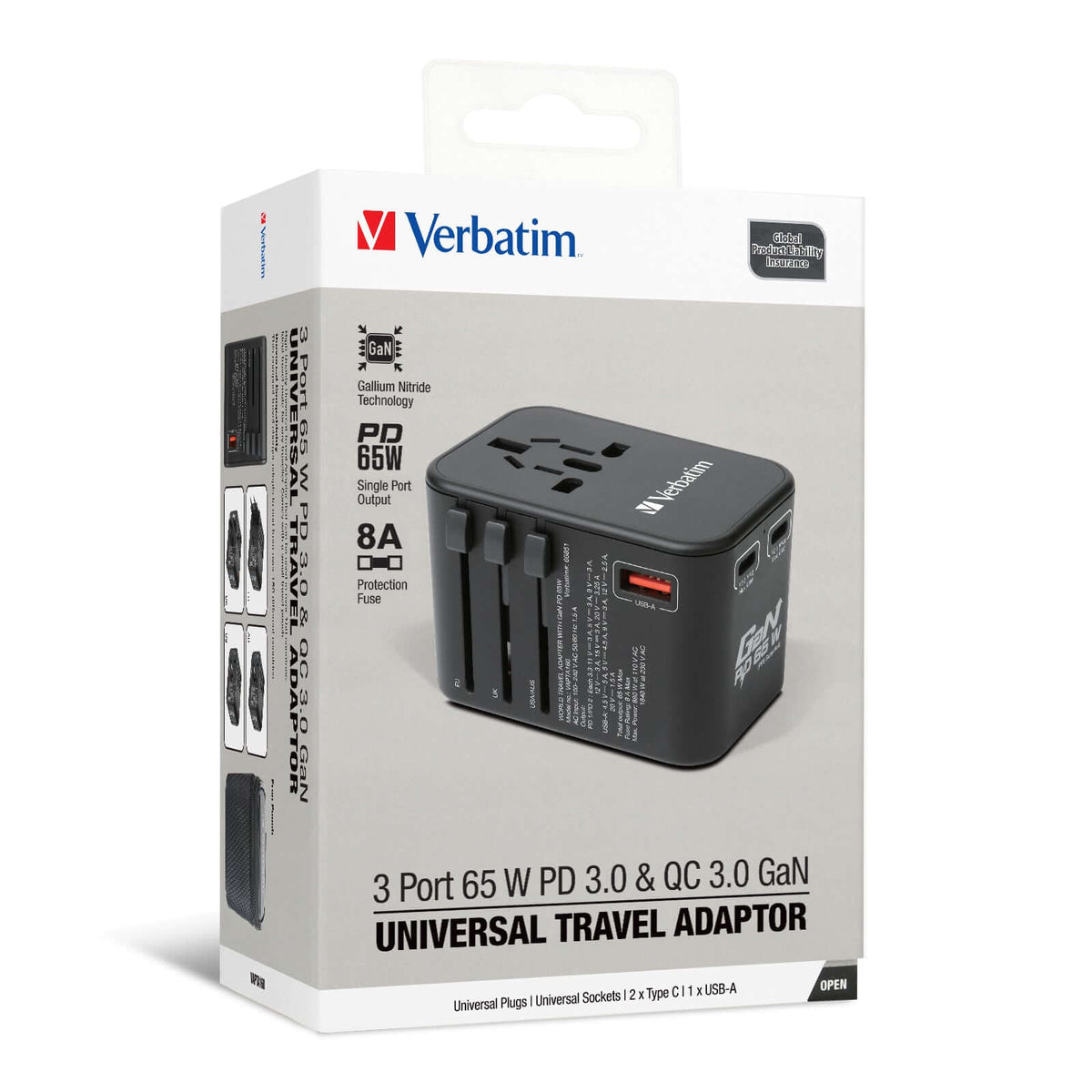 Verbatim 3 Port 65W PD 3.0 & QC 3.0 GaN Universal Travel Adaptor Corporate Gifts Singapore