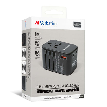 Verbatim 3 Port 65W PD 3.0 & QC 3.0 GaN Universal Travel Adaptor Corporate Gifts Singapore