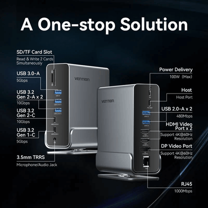 Vention 15-in-1 USB-C MST Docking Station with multiple ports and specifications for workspace organization and connectivity.
