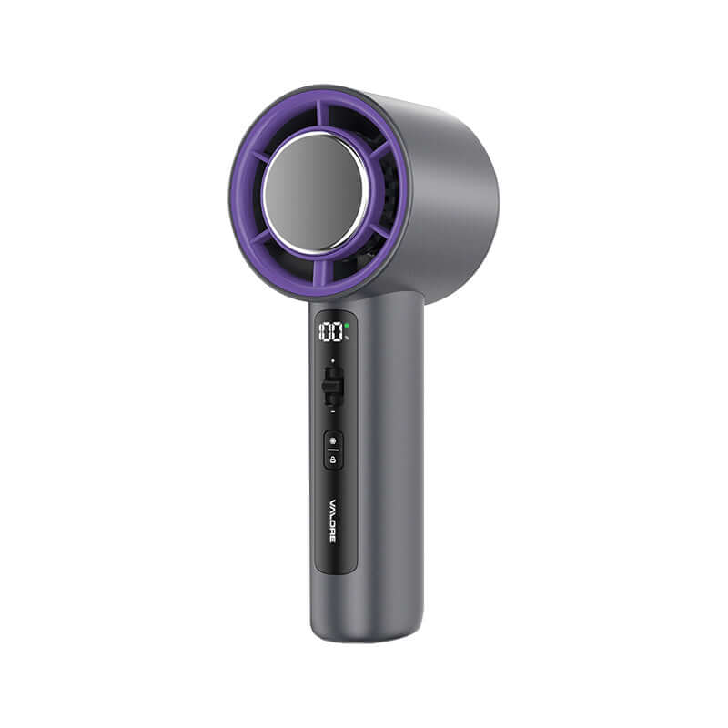 Grey Valore High Speed Cooling Fan with purple grille, central cooling plate and handle display