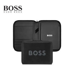 Hugo Boss Conference Folder A5 Boss Cut Out showing BOSS logo on sleek black PU exterior and grey mesh interior.