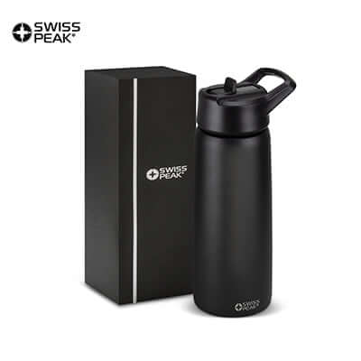 Swiss Peak Stealth Vacuum Bottle alongside its sleek packaging, perfect for corporate gifts in Singapore.