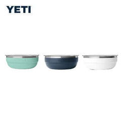 Yeti Rambler® 3.6 QT Insulated Low Bowl in three colors: mint, navy, and white.