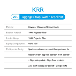 Vention Water-Repellent Laptop Backpack KRRB0 features and specifications chart.