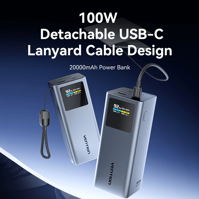 Vention 20000mAh Power Bank 100W with detachable USB-C lanyard cable design and digital display.