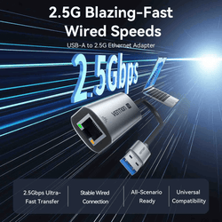 Vention USB-A to 2.5G Ethernet Adapter showing 2.5G blazing-fast speeds and stable wired connection.