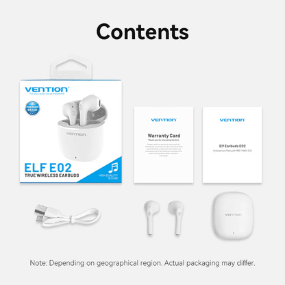 Vention True Wireless Bluetooth Earbuds Elf E02 contents including charging case, earbuds, warranty card, and USB cable.