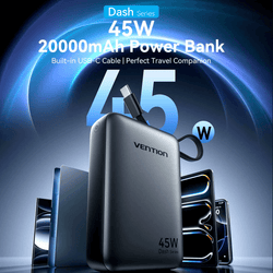 Vention 20000mAh Power Bank 45W with built-in USB-C cable, perfect travel companion for charging devices.