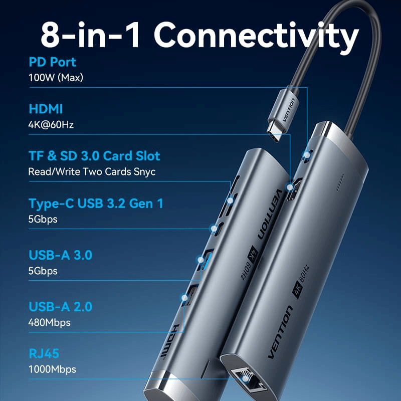 Vention 8-in-1 USB-C Hub showing 8-in-1 connectivity features and ports including HDMI, USB, and SD card slots.