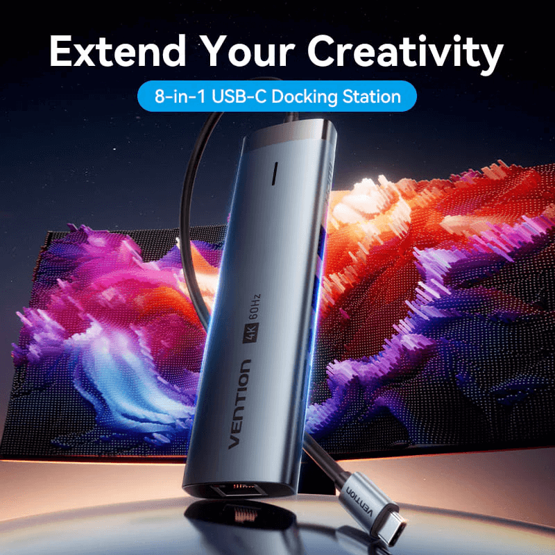 Vention 8-in-1 USB-C Hub showcasing its sleek design and 4K display connectivity features.
