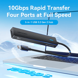 Vention 5-in-1 USB 3.2 Gen 2 Rapid Transfer Hub with 10Gbps speed and four ports for quick data transfer.