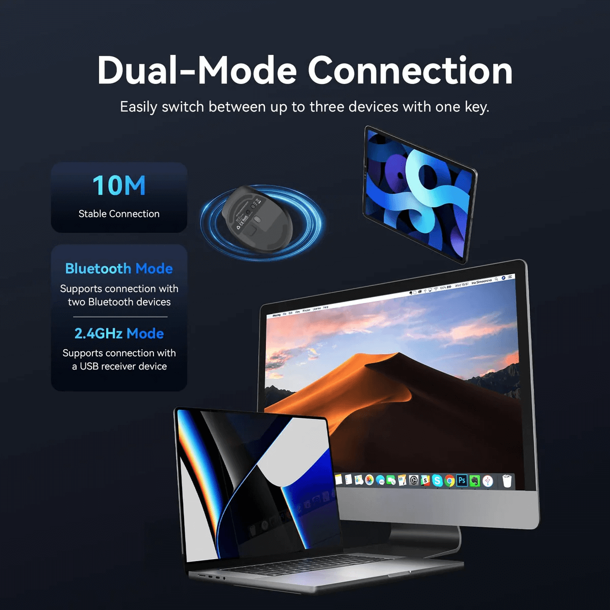 Vention Dual-Mode Wireless Ergonomic Mouse showcasing dual-mode connection for multiple devices.