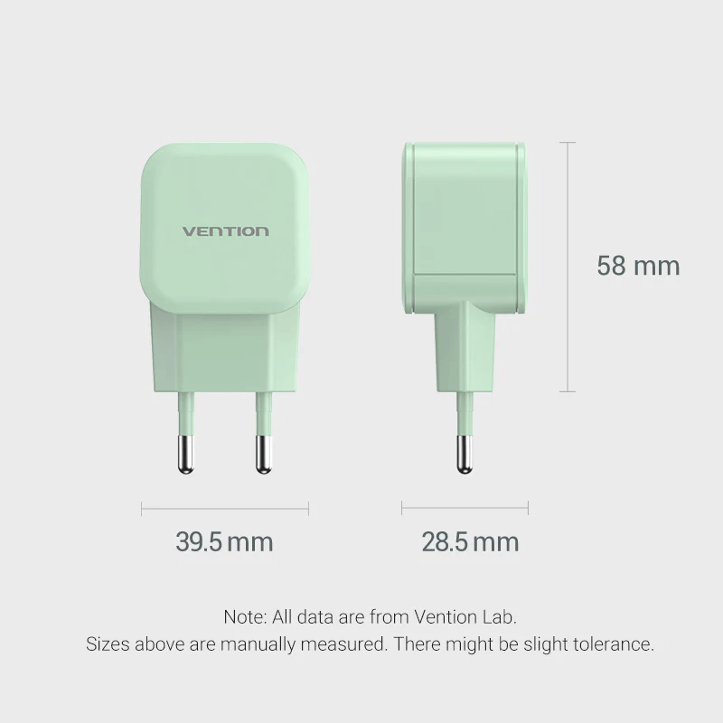 Vention Single Port USB-C Wall Charger 20W dimensions showing 39.5mm width, 28.5mm depth, and 58mm height.
