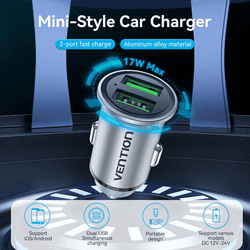 Vention Car Charger 18W with dual USB ports, aluminum alloy design, and fast charging capability for corporate gifts.