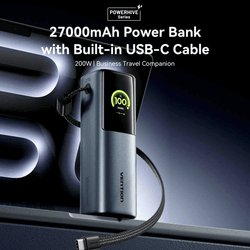 Vention 27000mAh Power Bank 200W with built-in USB-C cable and digital display, ideal for business travel.