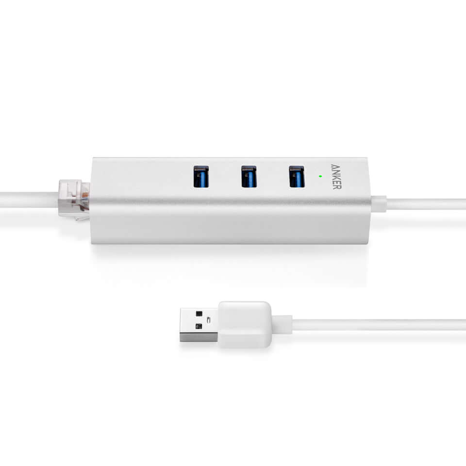 Anker hub port layout showing three USB-A sockets, attached USB-A connector and Ethernet cable connection.