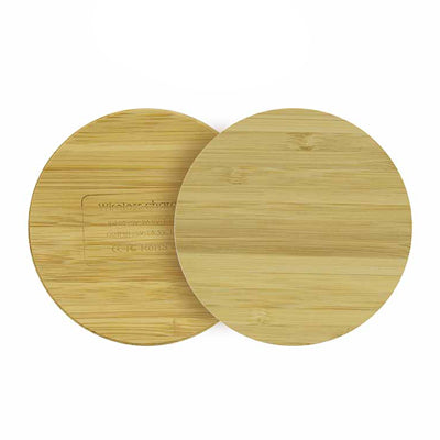 Round bamboo wireless charging pad showing a plain top and labelled underside