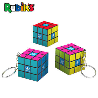 Three colourful Rubik’s 3×3 keychain cubes with chains and keyrings