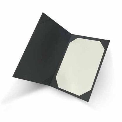 Open black single-sided PU certificate holder with corner retainers securing a sheet on the right panel