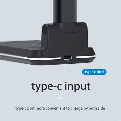 Rear base of the black dual charging stand with the USB-C input port labelled