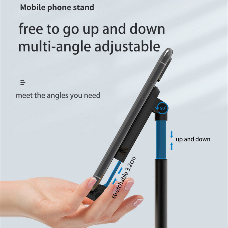 Side-view diagram of the phone stand showing height adjustment, tilt and an extending lower cradle