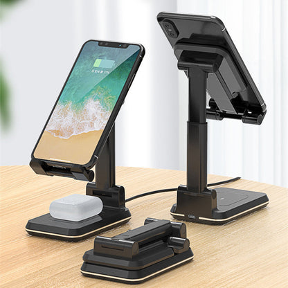 Black dual charging stand shown upright with demonstration devices and folded flat on a desk