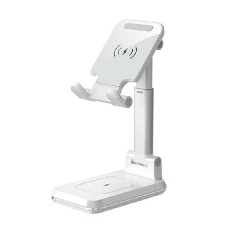 White wireless charging stand with an upright phone cradle and charging area on the base