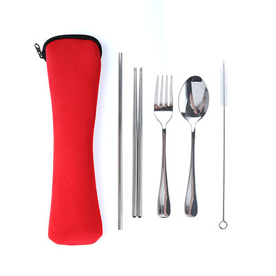 Stainless Steel Cutlery Set with Straw in Neoprene Pouch Corporate Gifts Singapore