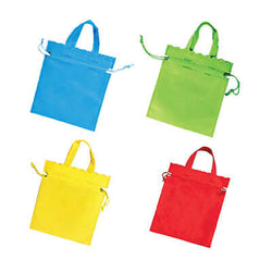 Non Woven Drawstring Pouch with Handle in blue, green, yellow, and red colors for versatile storage solutions.