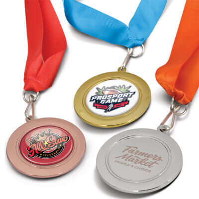 Three round medals in bronze, gold and silver colours with red, blue and orange ribbons and example centre designs
