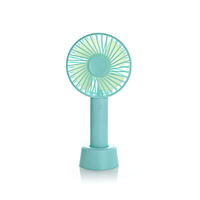 Turquoise rechargeable portable fan front view standing in its tabletop base